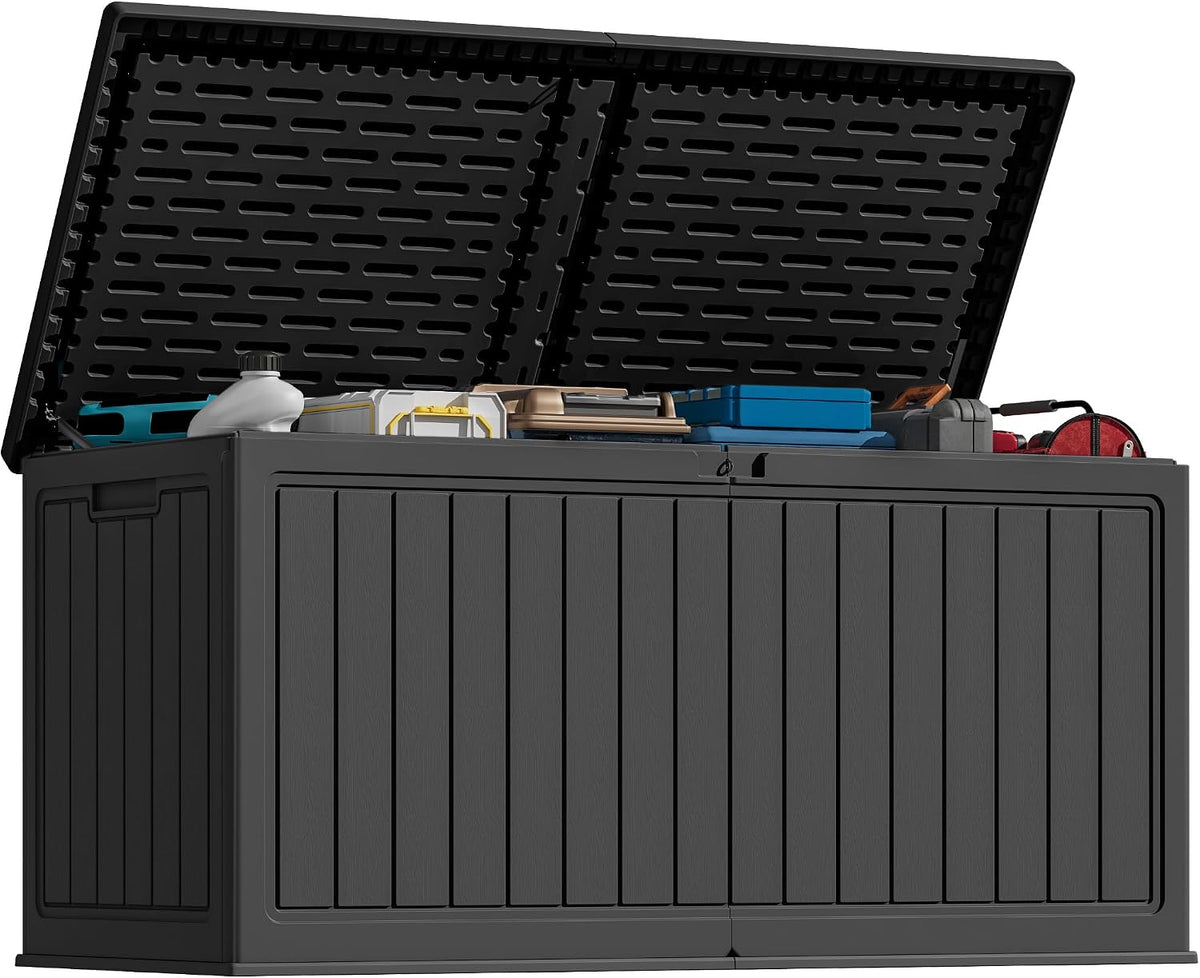 120 Gallon Outdoor Storage Deck Box – Weatherproof Patio & Garden Storage with Dividers