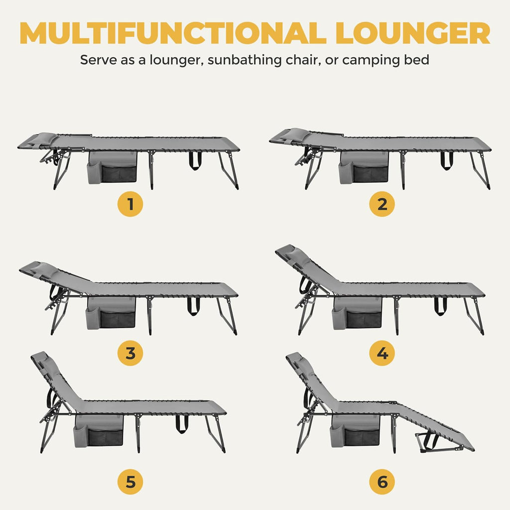 26.4" Outdoor Folding Tanning Chair, 5-Position Adjustable Reclining Lounge Chair in Gray