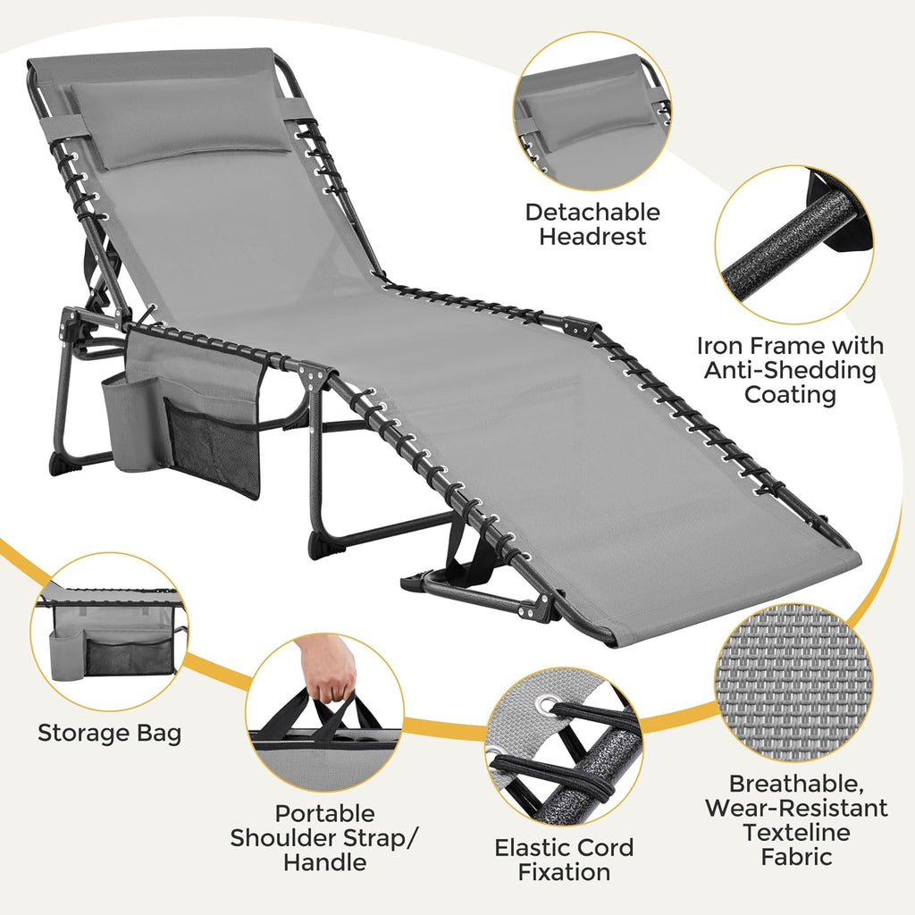 26.4" Outdoor Folding Tanning Chair, 5-Position Adjustable Reclining Lounge Chair in Gray