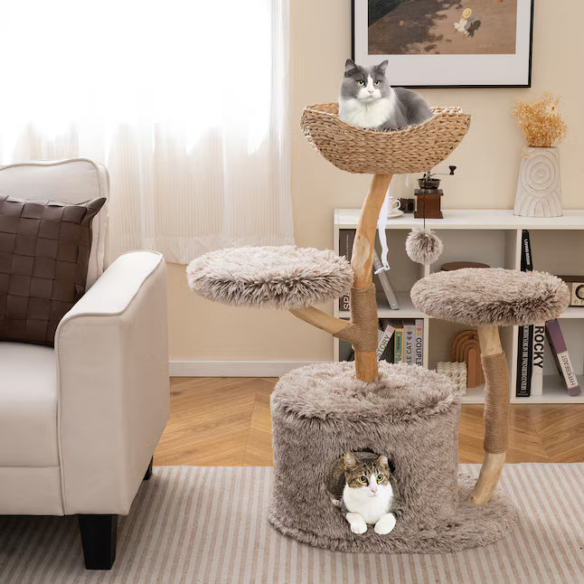 Pear Wood 4‑Level Cat Tower, Woven Basket Perch, Cozy Condo & Jute Scratching Posts for Indoor Cats