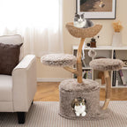 Pear Wood 4‑Level Cat Tower, Woven Basket Perch, Cozy Condo & Jute Scratching Posts for Indoor Cats