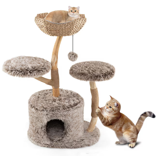 Pear Wood 4‑Level Cat Tower, Woven Basket Perch, Cozy Condo & Jute Scratching Posts for Indoor Cats