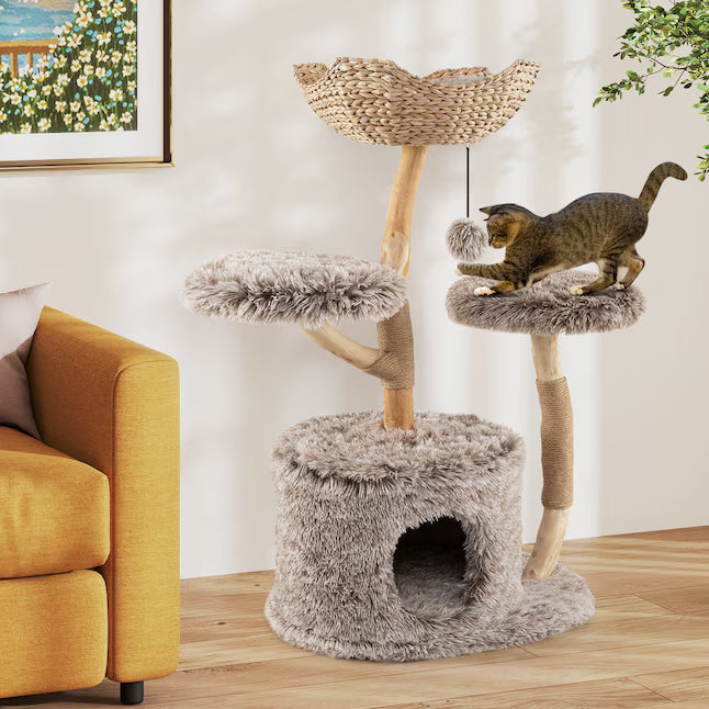 Pear Wood 4‑Level Cat Tower, Woven Basket Perch, Cozy Condo & Jute Scratching Posts for Indoor Cats