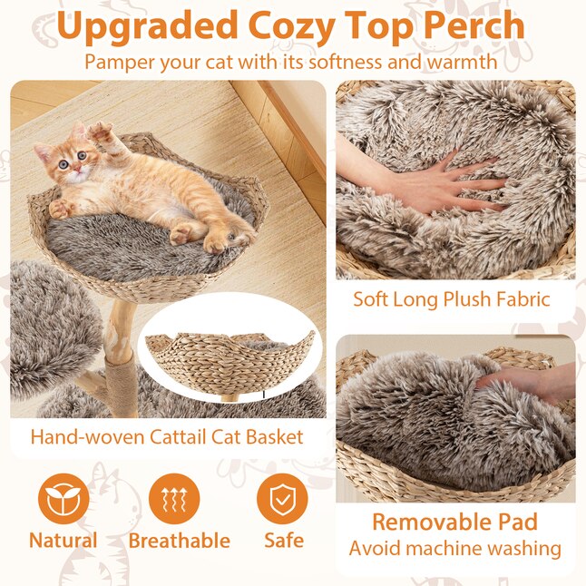 Pear Wood 4‑Level Cat Tower, Woven Basket Perch, Cozy Condo & Jute Scratching Posts for Indoor Cats
