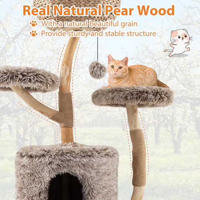 Pear Wood 4‑Level Cat Tower, Woven Basket Perch, Cozy Condo & Jute Scratching Posts for Indoor Cats