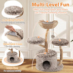 Pear Wood 4‑Level Cat Tower, Woven Basket Perch, Cozy Condo & Jute Scratching Posts for Indoor Cats