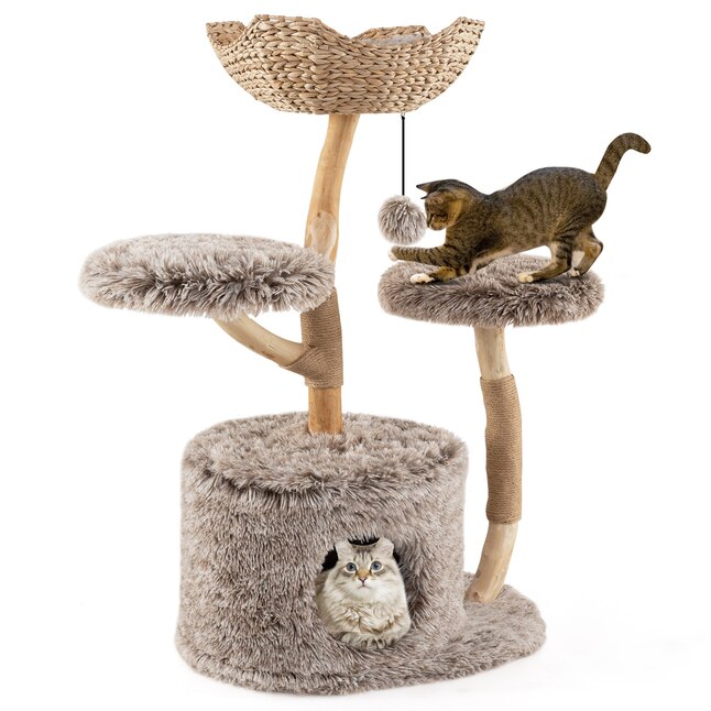 Pear Wood 4‑Level Cat Tower, Woven Basket Perch, Cozy Condo & Jute Scratching Posts for Indoor Cats