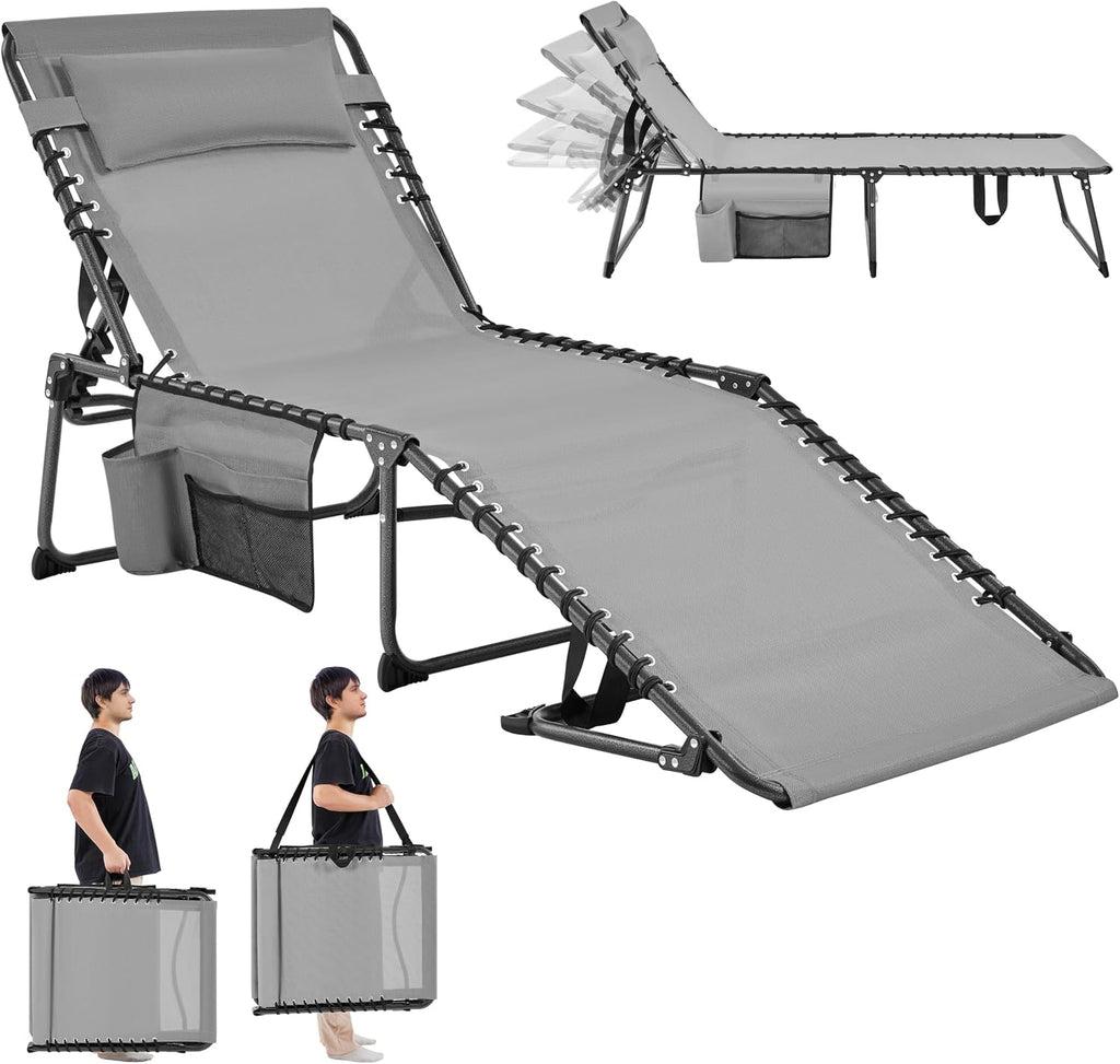 26.4" Outdoor Folding Tanning Chair, 5-Position Adjustable Reclining Lounge Chair in Gray