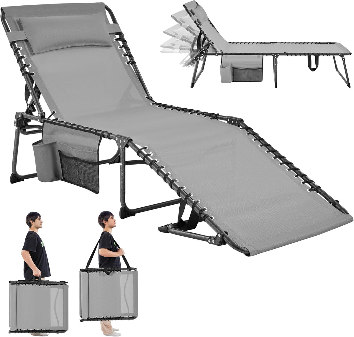 26.4" Outdoor Folding Tanning Chair, 5-Position Adjustable Reclining Lounge Chair in Gray
