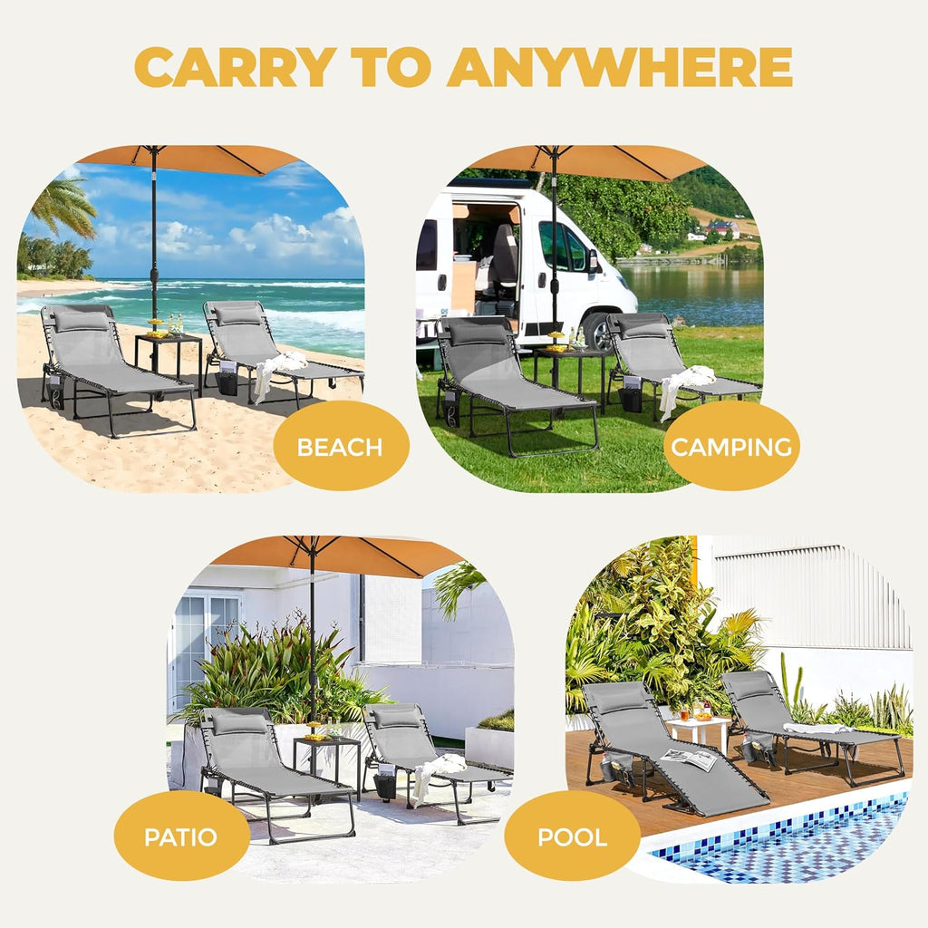 26.4" Outdoor Folding Tanning Chair, 5-Position Adjustable Reclining Lounge Chair in Gray
