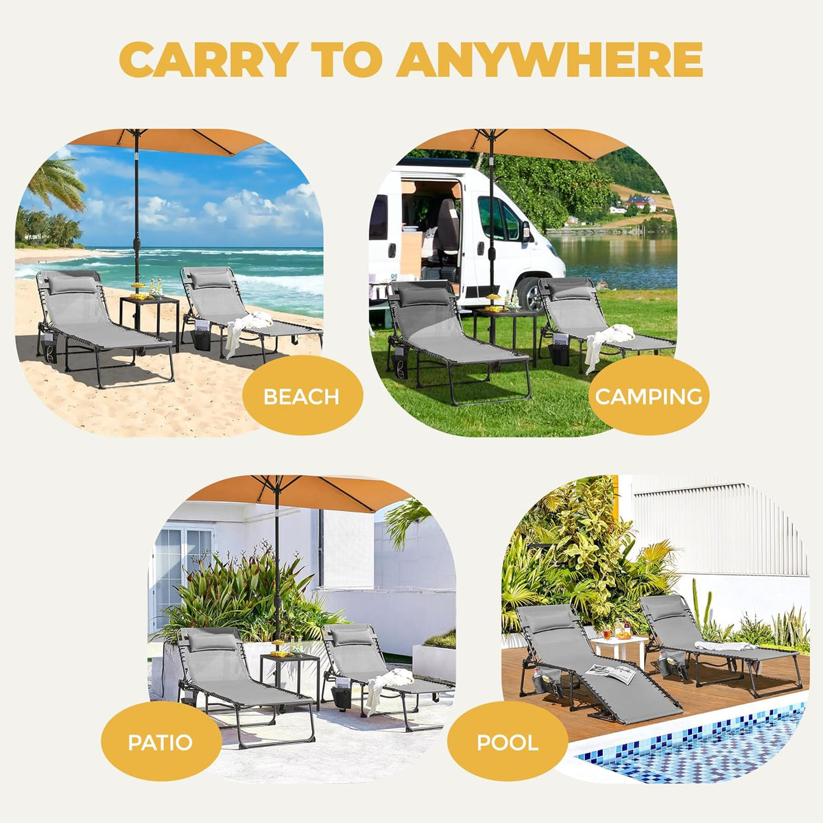 26.4" Outdoor Folding Tanning Chair, 5-Position Adjustable Reclining Lounge Chair in Gray