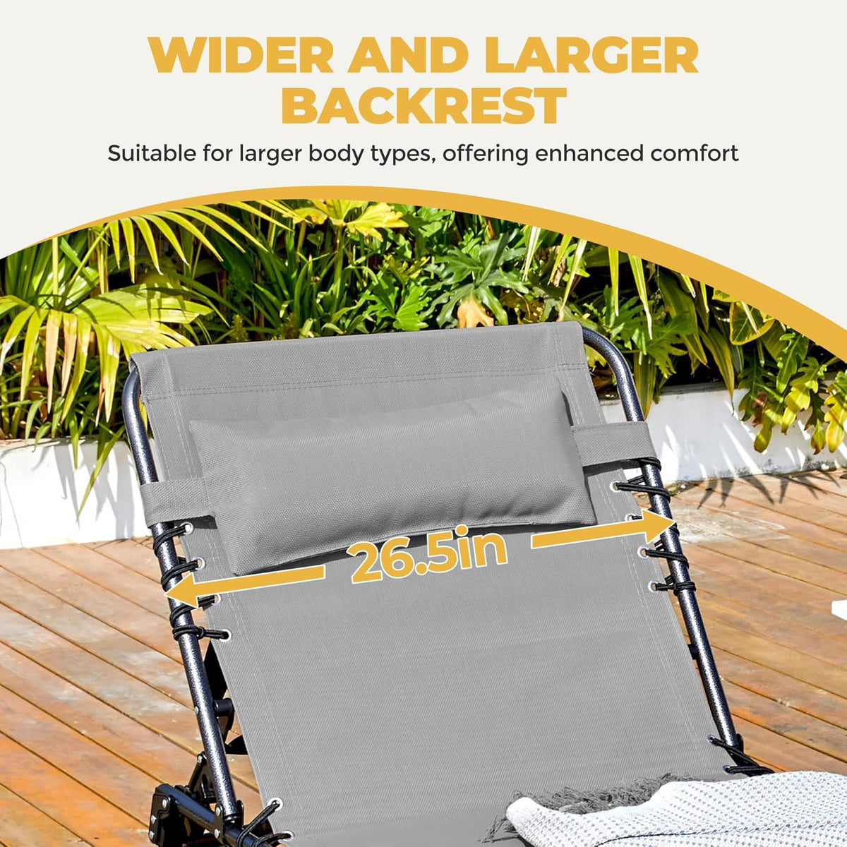 26.4" Outdoor Folding Tanning Chair, 5-Position Adjustable Reclining Lounge Chair in Gray
