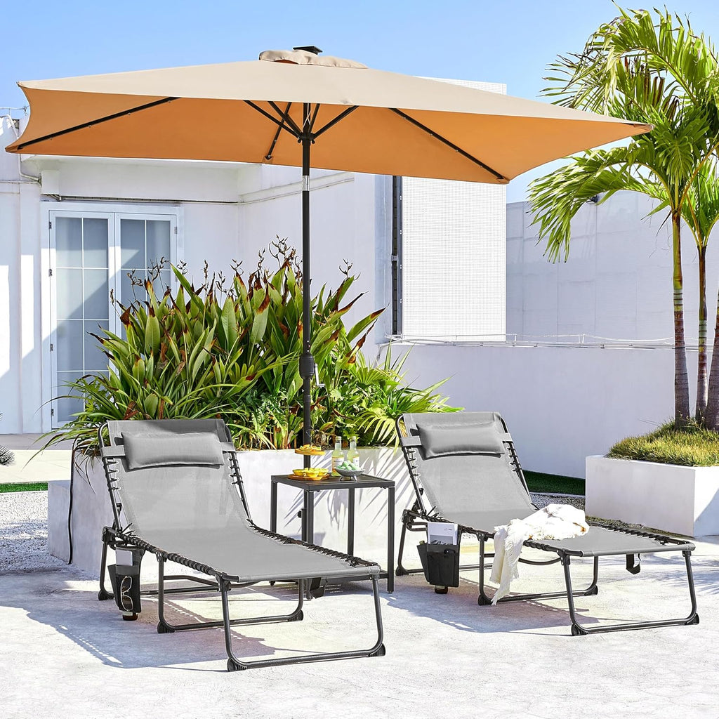 26.4" Outdoor Folding Tanning Chair, 5-Position Adjustable Reclining Lounge Chair in Gray