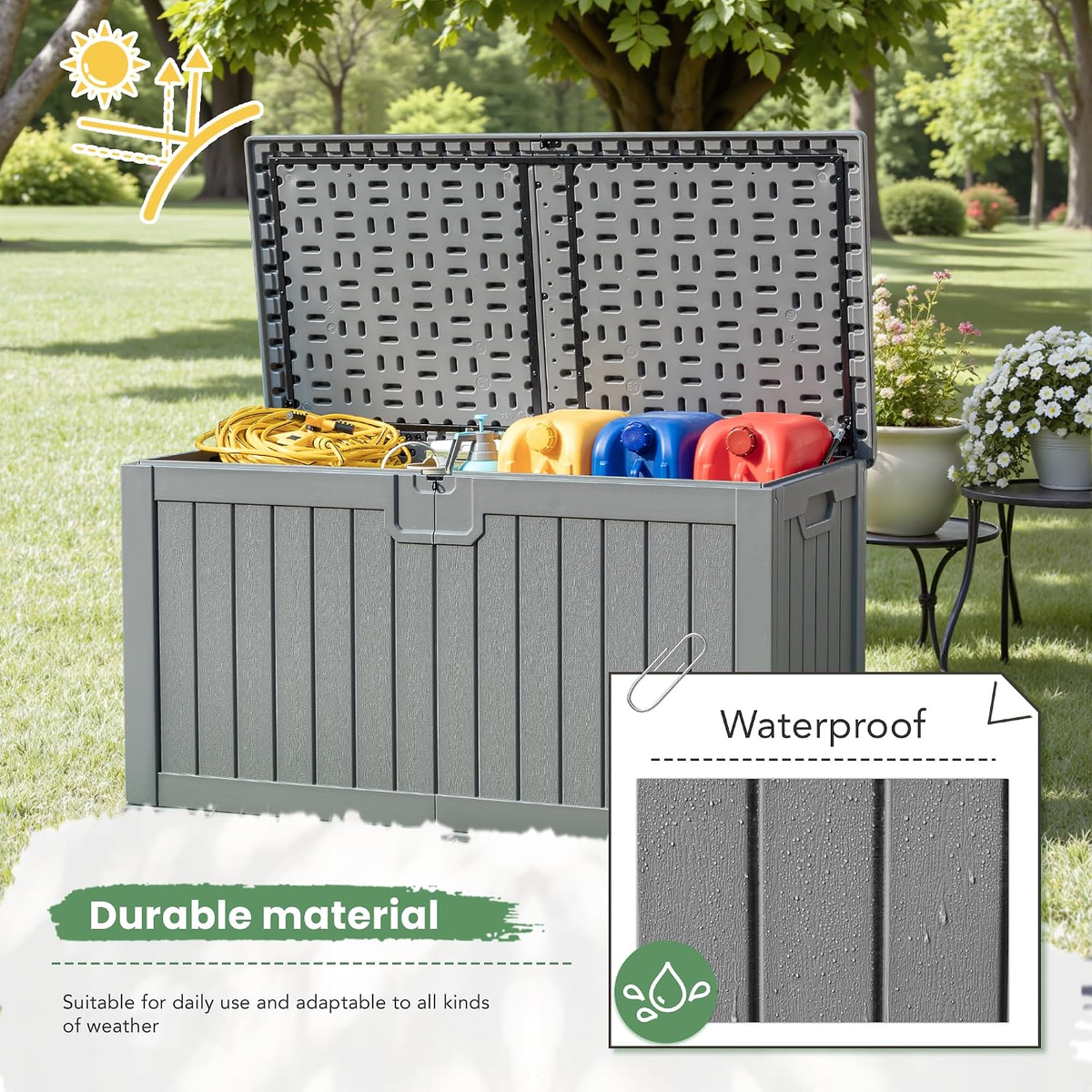 120 Gallon Outdoor Storage Deck Box – Weatherproof Patio & Garden Storage with Dividers